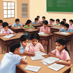 A realistic depiction of the Sarva Shiksha Abhiyan initiative in India, showcasing children from diverse backgrounds studying together in a classroom