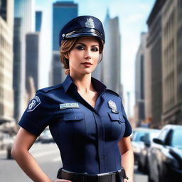 A seductive and attractive female police officer in a form-fitting uniform, standing confidently on a city street