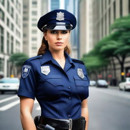 A seductive and attractive female police officer in a form-fitting uniform, standing confidently on a city street