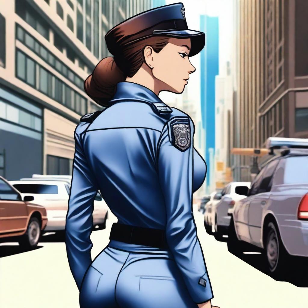 A seductive and attractive female police officer in a form-fitting uniform, viewed from the back