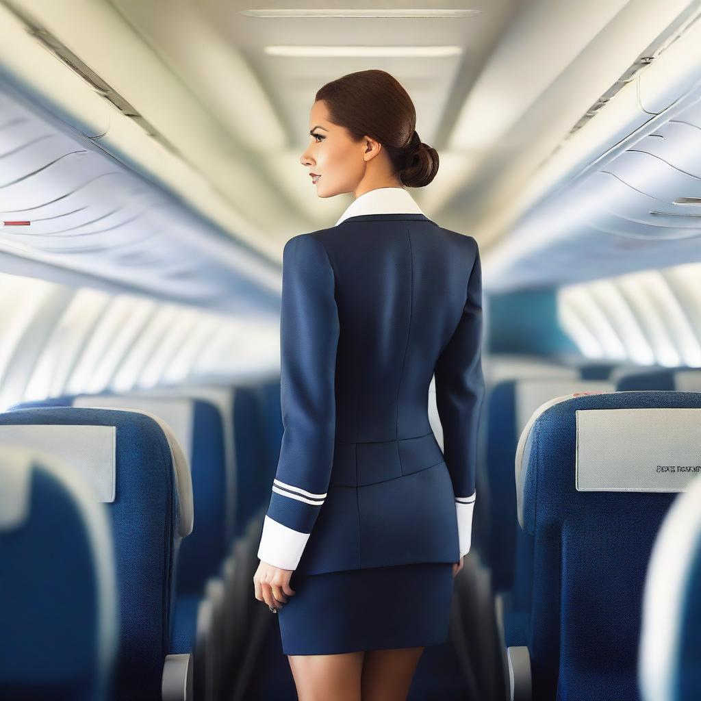 A seductive and attractive female air hostess in a form-fitting uniform, viewed from the back