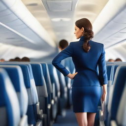 A seductive and attractive female air hostess in a form-fitting uniform, viewed from the back