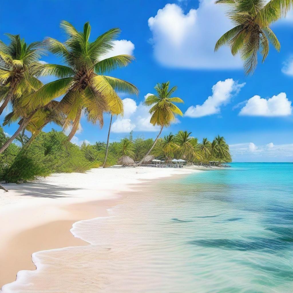 A beautiful Caribbean beach scene with crystal clear turquoise waters, white sandy beaches, and lush palm trees