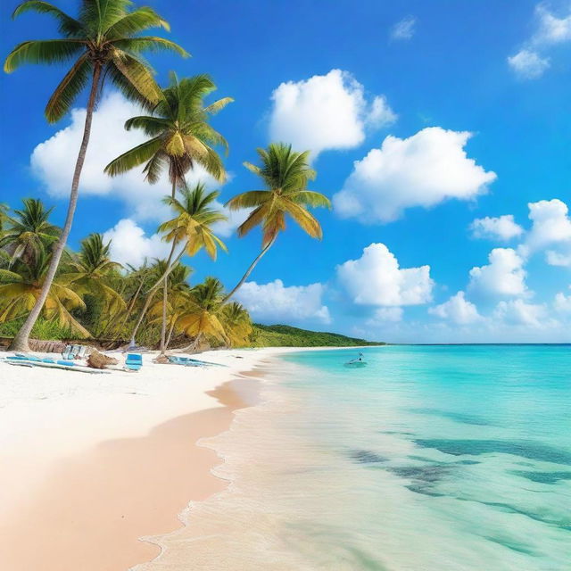 A beautiful Caribbean beach scene with crystal clear turquoise waters, white sandy beaches, and lush palm trees