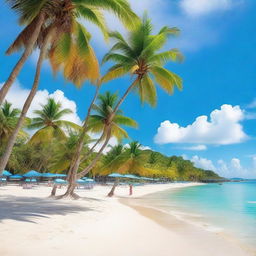 A beautiful Caribbean beach scene with crystal clear turquoise waters, white sandy beaches, and lush palm trees