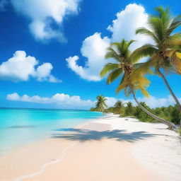 A beautiful Caribbean beach scene with crystal clear turquoise waters, white sandy beaches, and lush palm trees