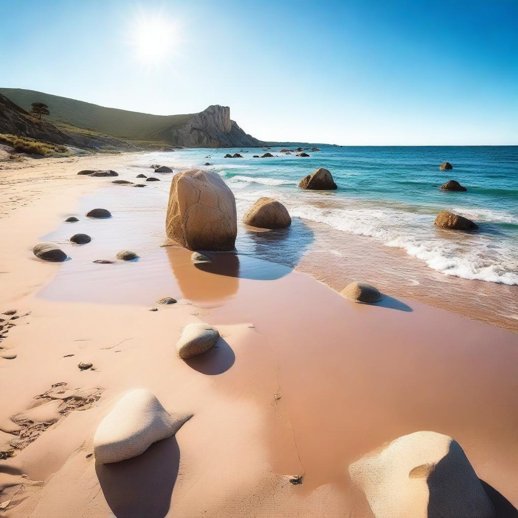 A picturesque scene featuring a sunny beach with golden sand, crystal clear blue sea, and large boulders scattered along the shoreline