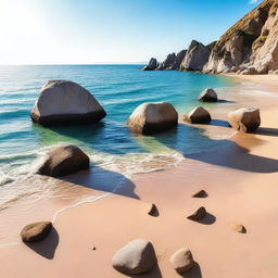 A picturesque scene featuring a sunny beach with golden sand, crystal clear blue sea, and large boulders scattered along the shoreline