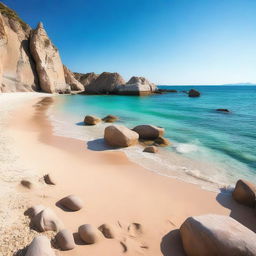 A picturesque scene featuring a sunny beach with golden sand, crystal clear blue sea, and large boulders scattered along the shoreline