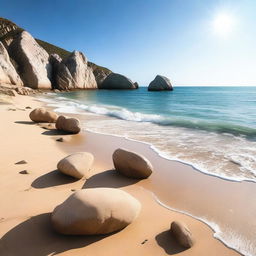 A picturesque scene featuring a sunny beach with golden sand, crystal clear blue sea, and large boulders scattered along the shoreline