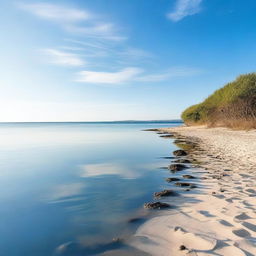 A serene landscape featuring a calm sea under a clear blue sky