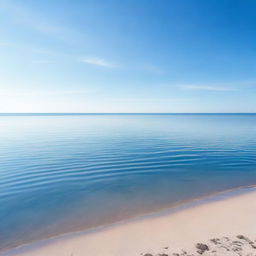 A serene landscape featuring a calm sea under a clear blue sky