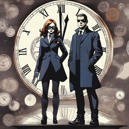 A dynamic scene featuring a male and female character from the Umbrella Academy, both with the ability to control time