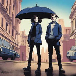 A young female and a young male character from the Umbrella Academy, both with the ability to control time