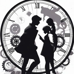 A silhouette of a young male and female character from the Umbrella Academy, both appearing as time controllers