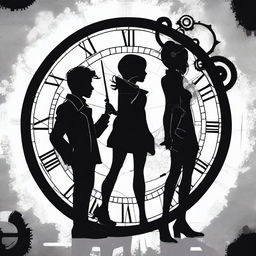 A silhouette of a young male and female character from the Umbrella Academy, both appearing as time controllers