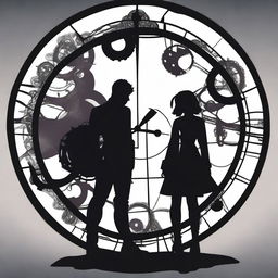 A silhouette of a young male and female character from the Umbrella Academy, both appearing as time controllers