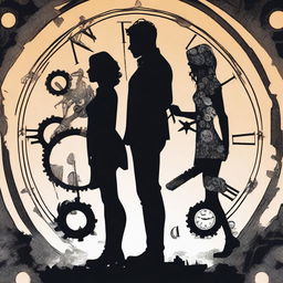 A silhouette of a young male and female character from the Umbrella Academy, both appearing as time controllers