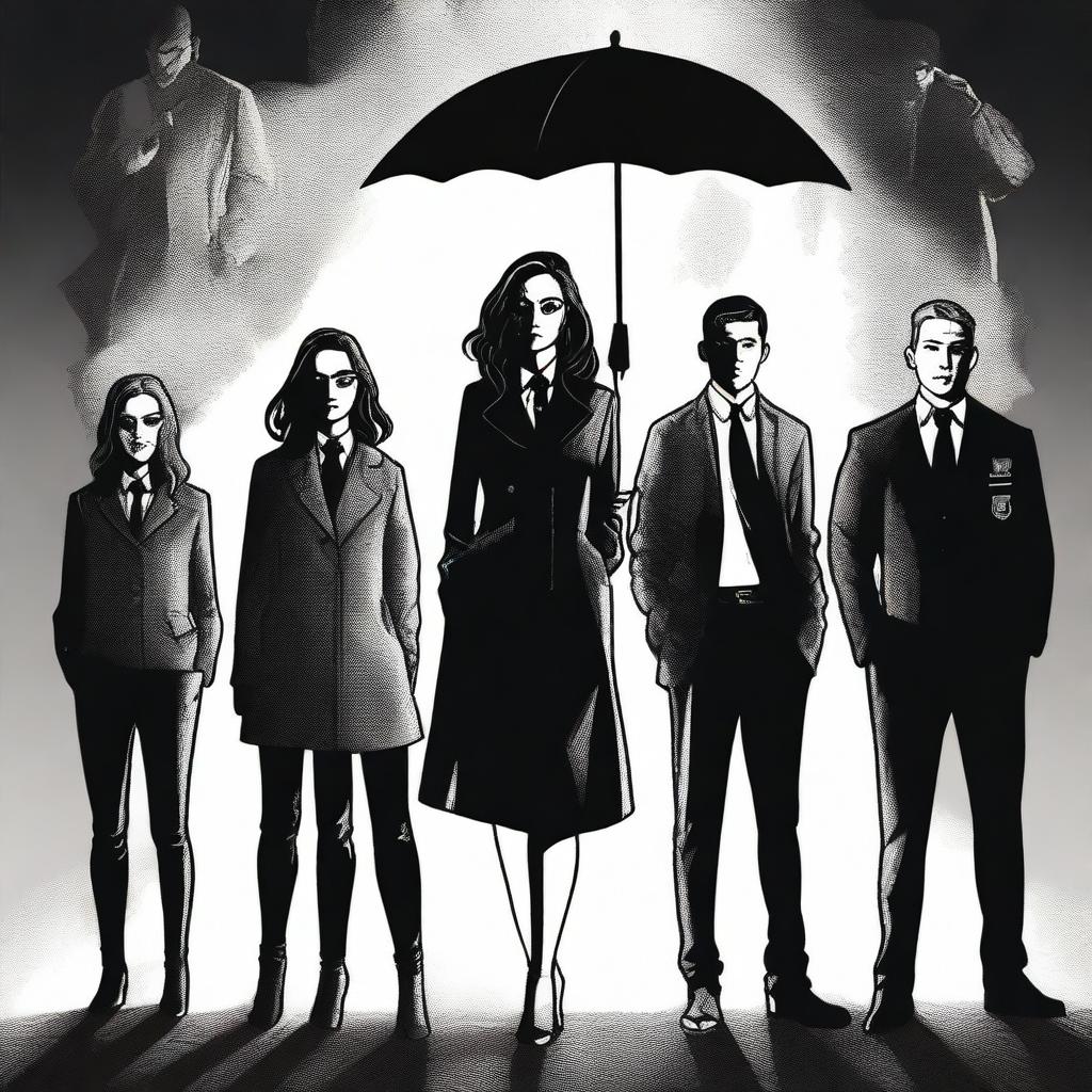 A detailed illustration featuring Five Hargreeves from The Umbrella Academy standing beside a mysterious female silhouette