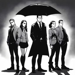 A detailed illustration featuring Five Hargreeves from The Umbrella Academy standing beside a mysterious female silhouette