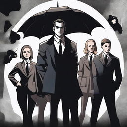 A detailed illustration featuring Five Hargreeves from The Umbrella Academy standing beside a mysterious female silhouette