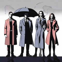 A detailed illustration featuring Five Hargreeves from The Umbrella Academy standing beside a mysterious female silhouette