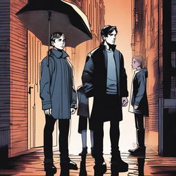 A detailed illustration of young Five Hargreeves from The Umbrella Academy standing next to a mysterious female silhouette