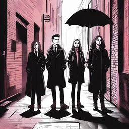 A detailed illustration of young Five Hargreeves from The Umbrella Academy standing next to a mysterious female silhouette