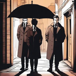 A detailed illustration of young Five Hargreeves from The Umbrella Academy standing next to a mysterious female silhouette