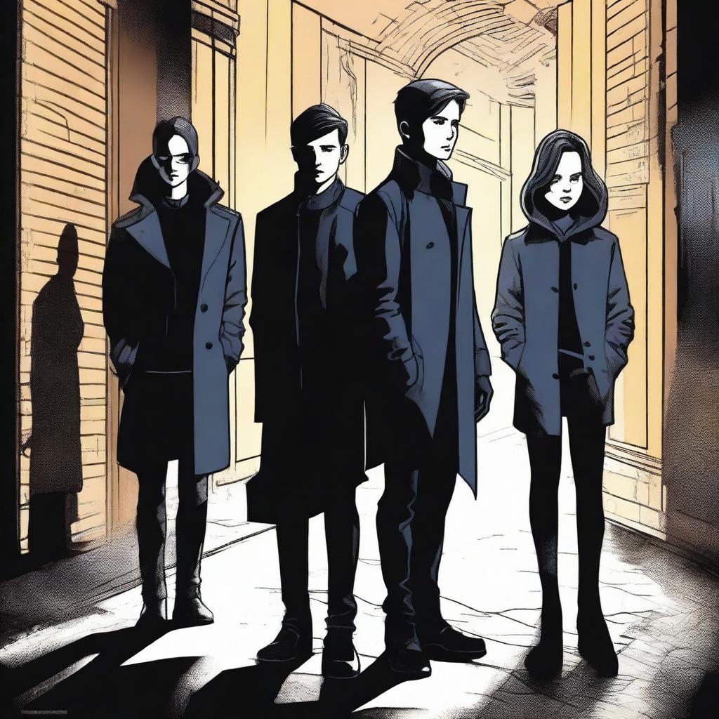 A detailed illustration of young Five Hargreeves from The Umbrella Academy standing next to a mysterious female silhouette