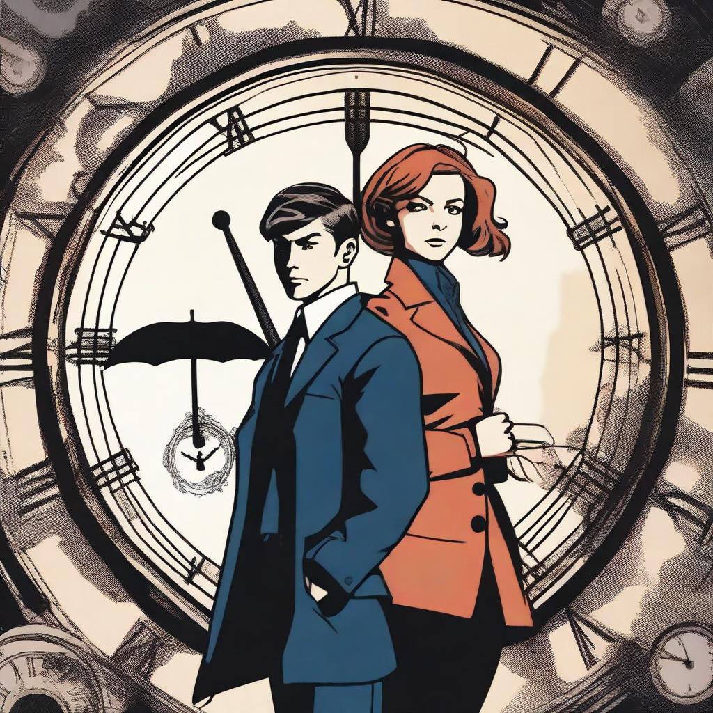 A dynamic scene featuring a younger male and a female character from the Umbrella Academy, both with the ability to control time