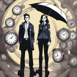 A dynamic scene featuring a younger male and a female character from the Umbrella Academy, both with the ability to control time