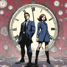 A dynamic scene featuring a younger male and a female character from the Umbrella Academy, both with the ability to control time