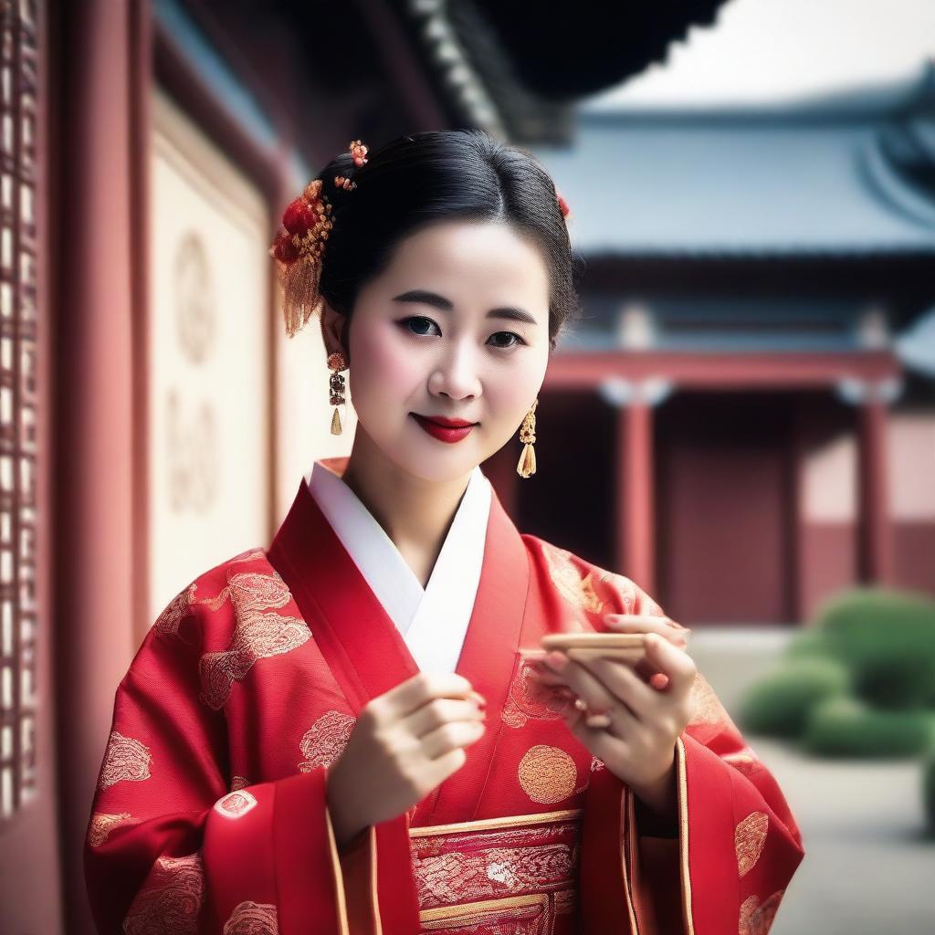 A Chinese woman in traditional clothing holding medicines in her hands