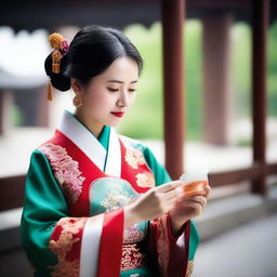 A Chinese woman in traditional clothing holding medicines in her hands