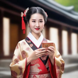 A Chinese woman in traditional clothing holding medicines in her hands