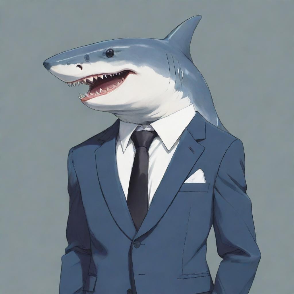 An anime style shark, elegantly dressed in a suit