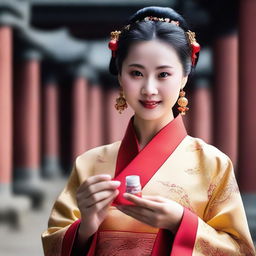 A Chinese woman in traditional clothing holding medicines in her hands