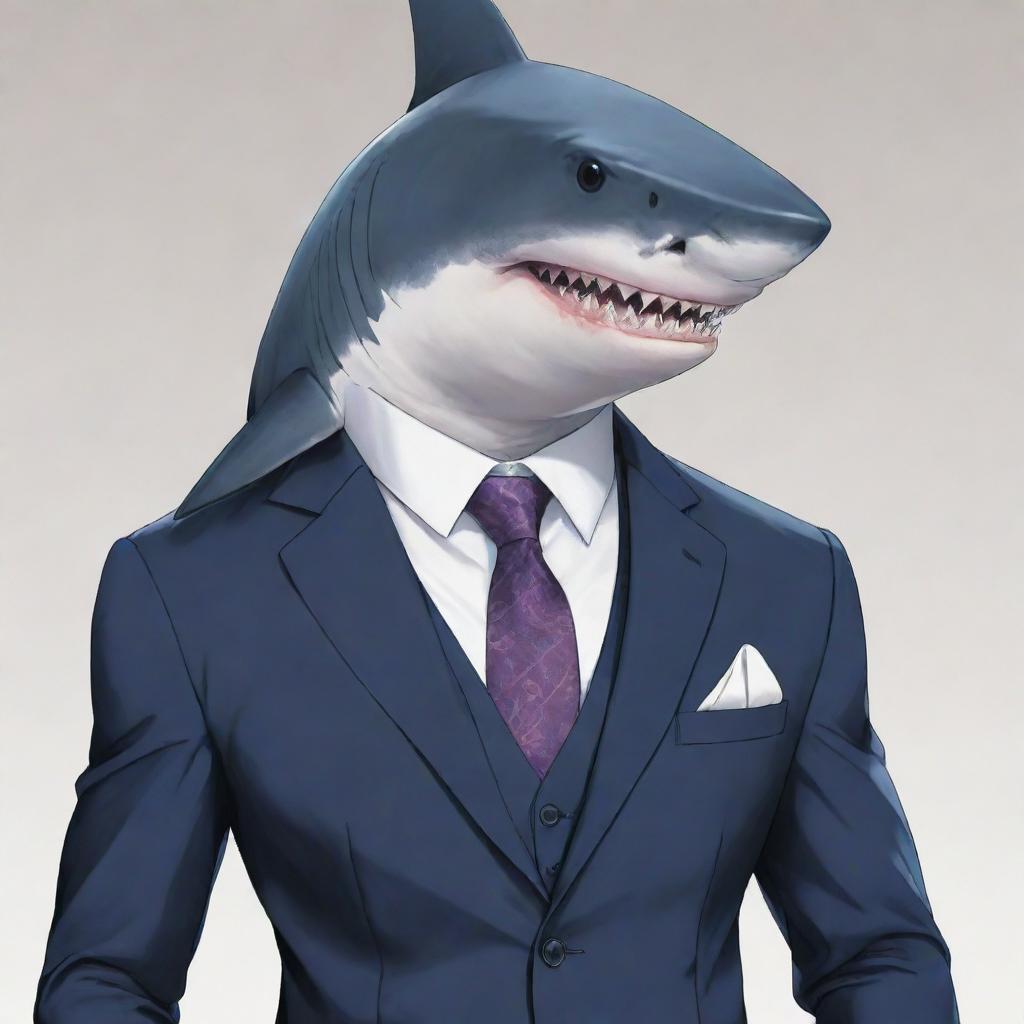 An anime style shark, elegantly dressed in a suit