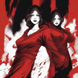 A cover design with a dark red background, featuring women with bloodstained clothes or surroundings