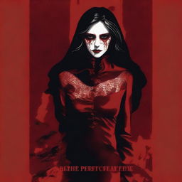 A cover design with a dark red background, featuring women with bloodstained clothes or surroundings