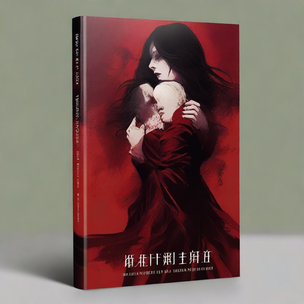 A cover design with a dark red background, featuring women with bloodstained clothes or surroundings