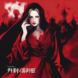 A cover design with a dark red background, featuring women with bloodstained clothes or surroundings