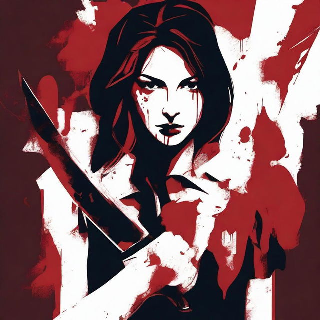 A dark red background featuring a woman holding a bloodstained knife