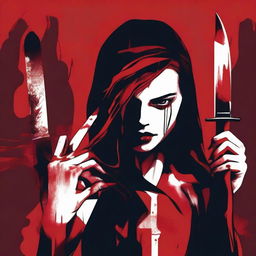 A dark red background featuring a woman holding a bloodstained knife