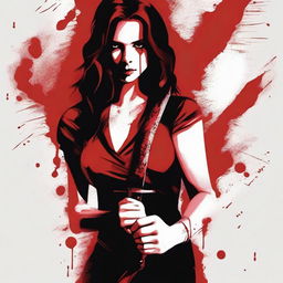 A dark red background featuring a woman holding a bloodstained knife