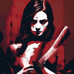 A dark red background featuring a woman holding a bloodstained knife