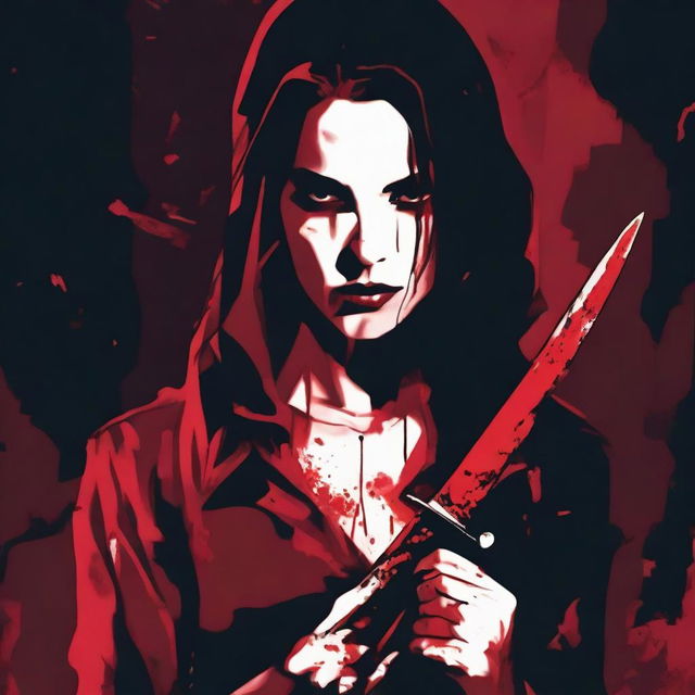 A dark red background featuring a woman holding a bloodstained knife