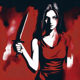 A dark red background featuring a woman holding a bloodstained knife