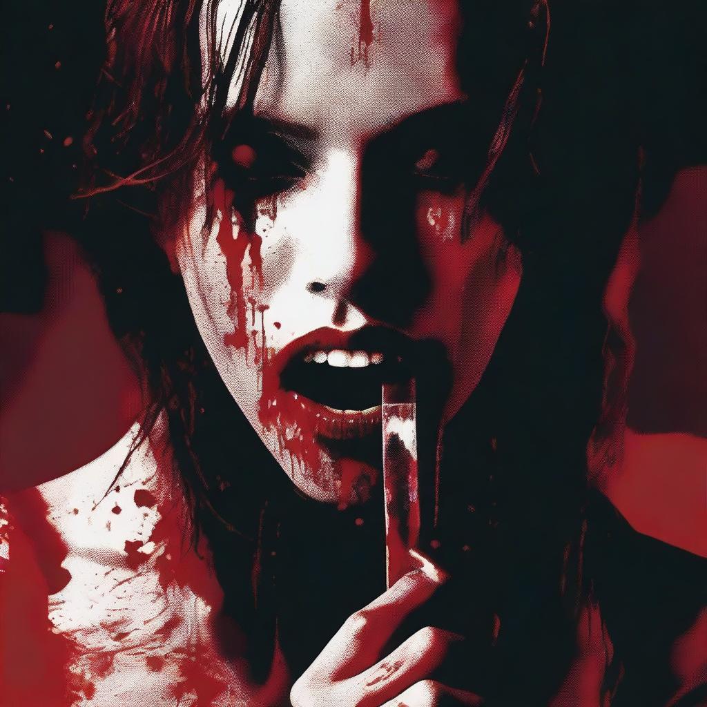 A dark red background featuring a woman with bloodstains licking a bloody knife